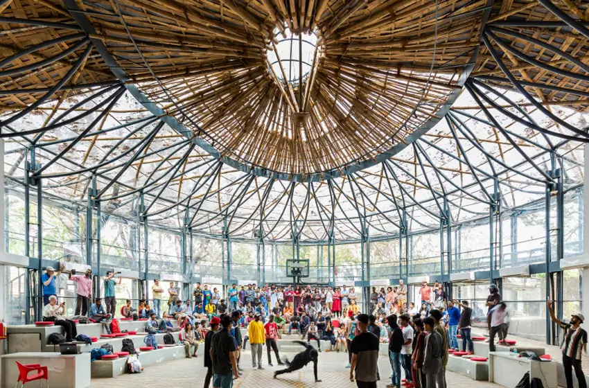 Auroville bamboo dome and amphitheatre gathering