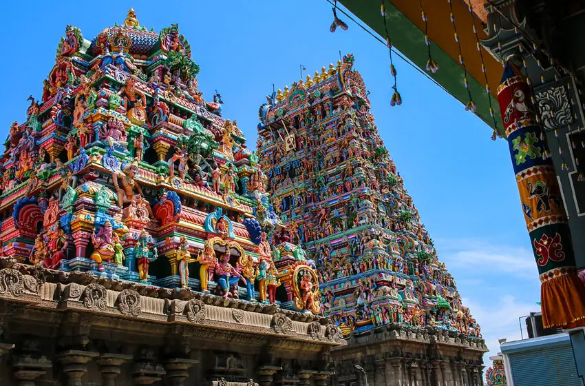Colorful intricately carved South Indian temple gopuram