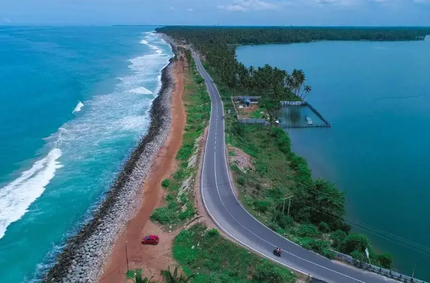 kappil coastal road sea and backwaters aerial view
