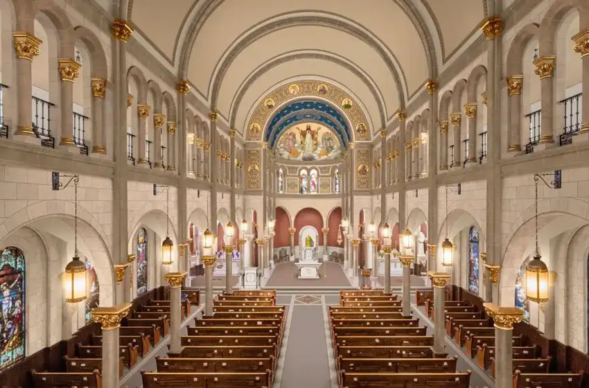 Majestic church interior with stained glass windows