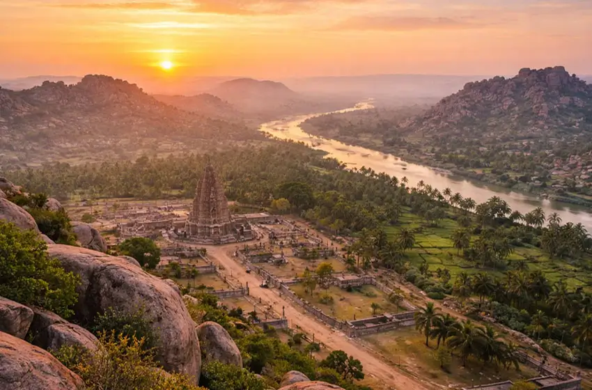Matanga hill hampi panoramic sunset river view