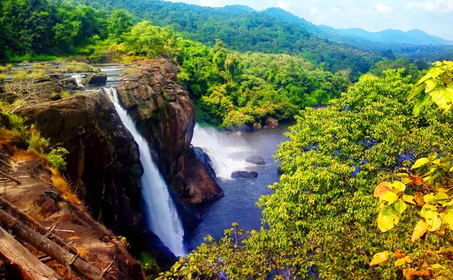 waterfall green hills forest nature view